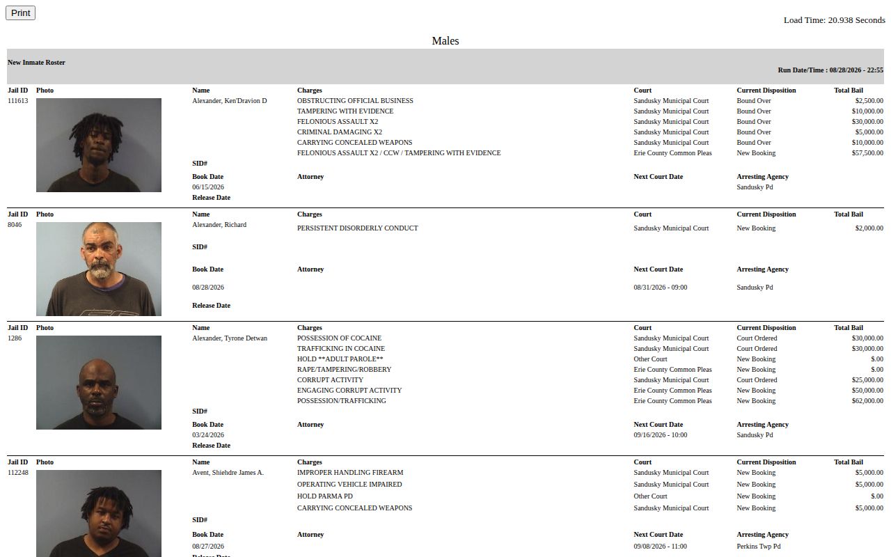 Erie County Jail current-custody roster and booking record fields