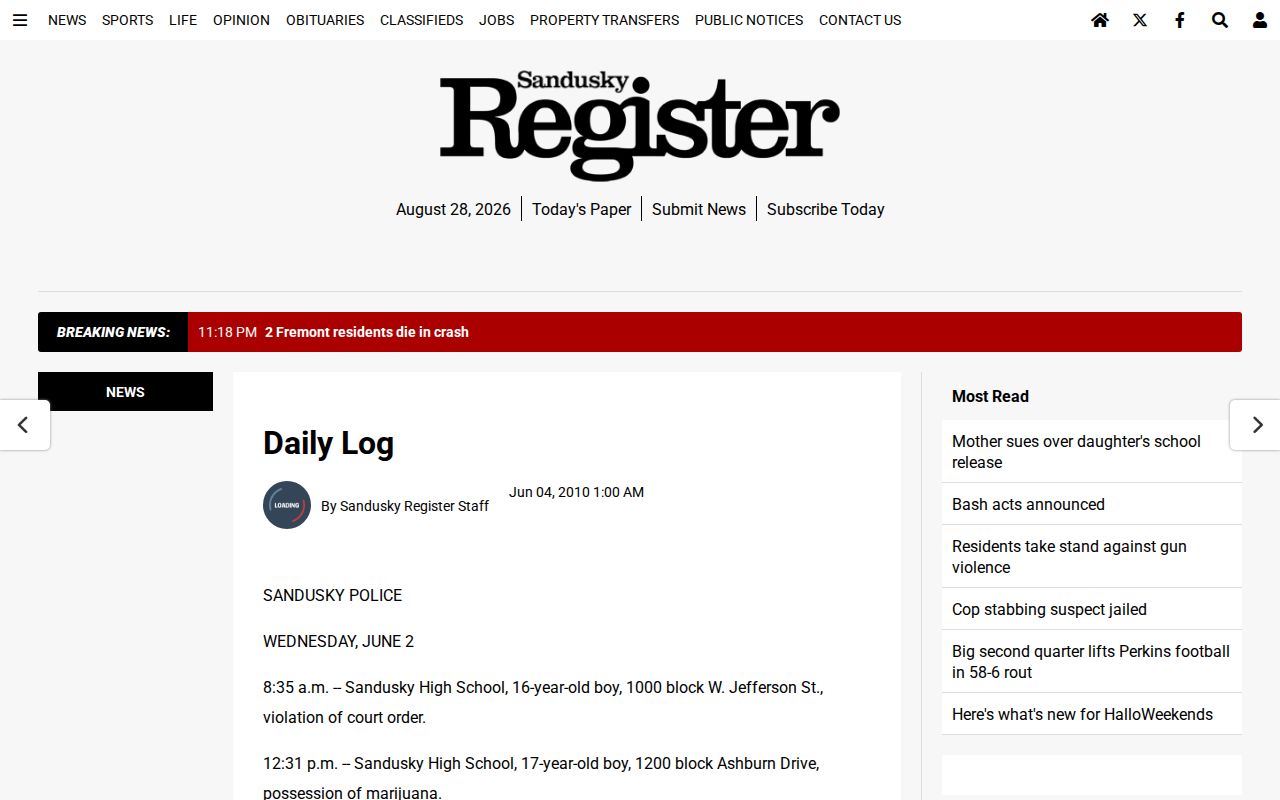 Erie County Sandusky Register Daily Log crime news source