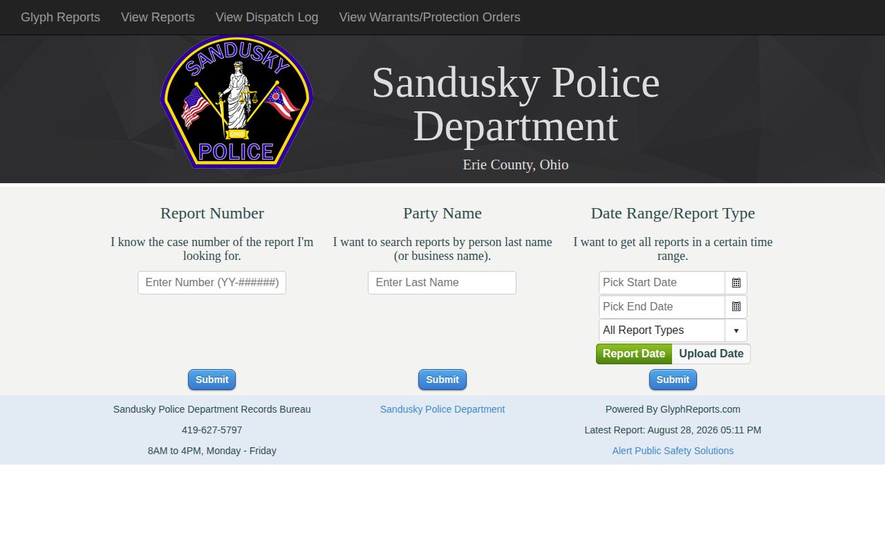 Sandusky Police Department Erie County incident-record search interface